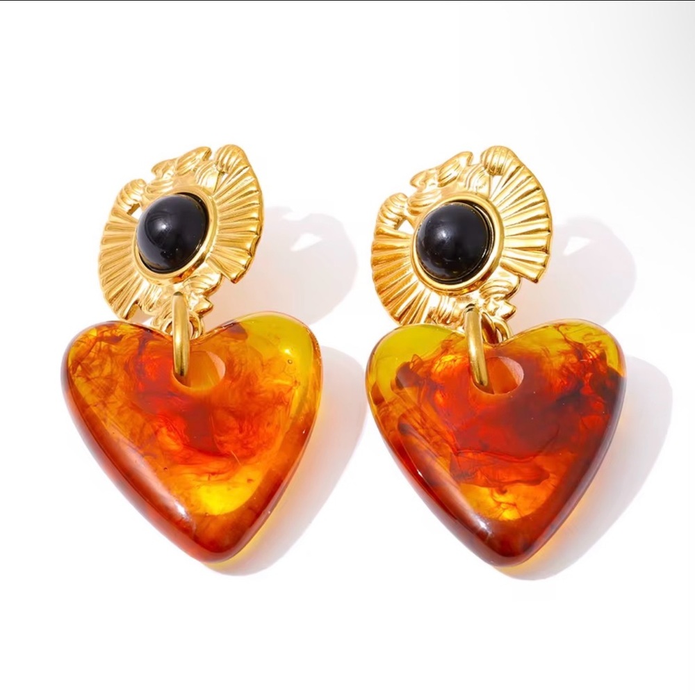 Gold and Amber Heart Drop Stainless Steel Earrings